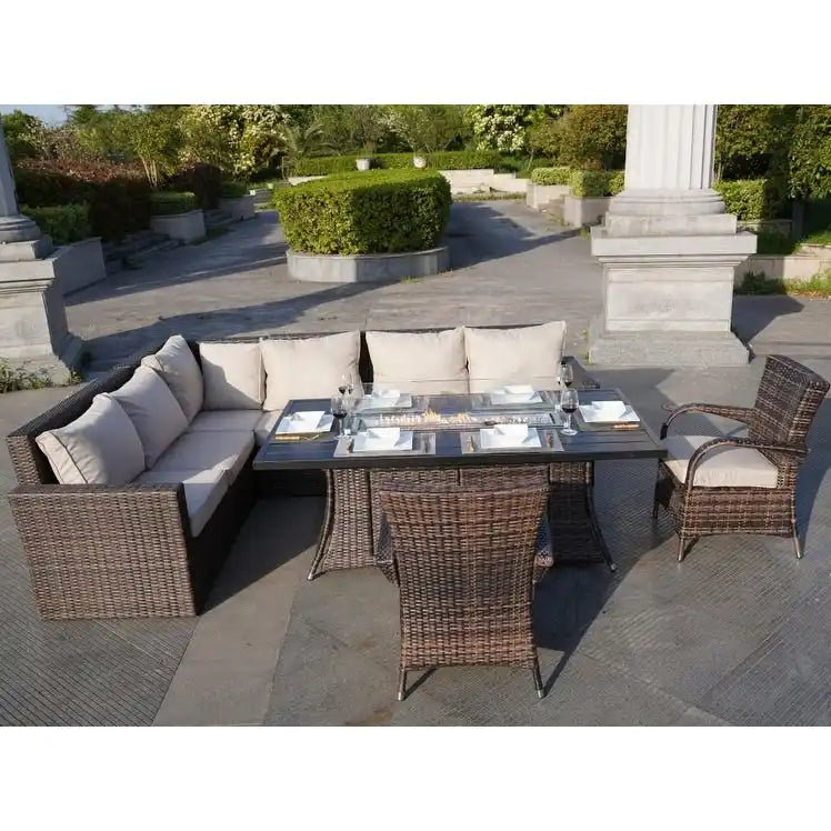 Ensemble de canapé en rotin pour terrasse avec table à manger et chaises en aluminium