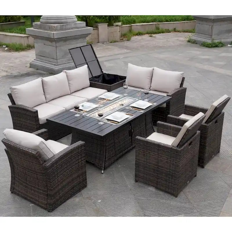 Ensemble de canapé en rotin pour terrasse avec table à manger et chaises en aluminium