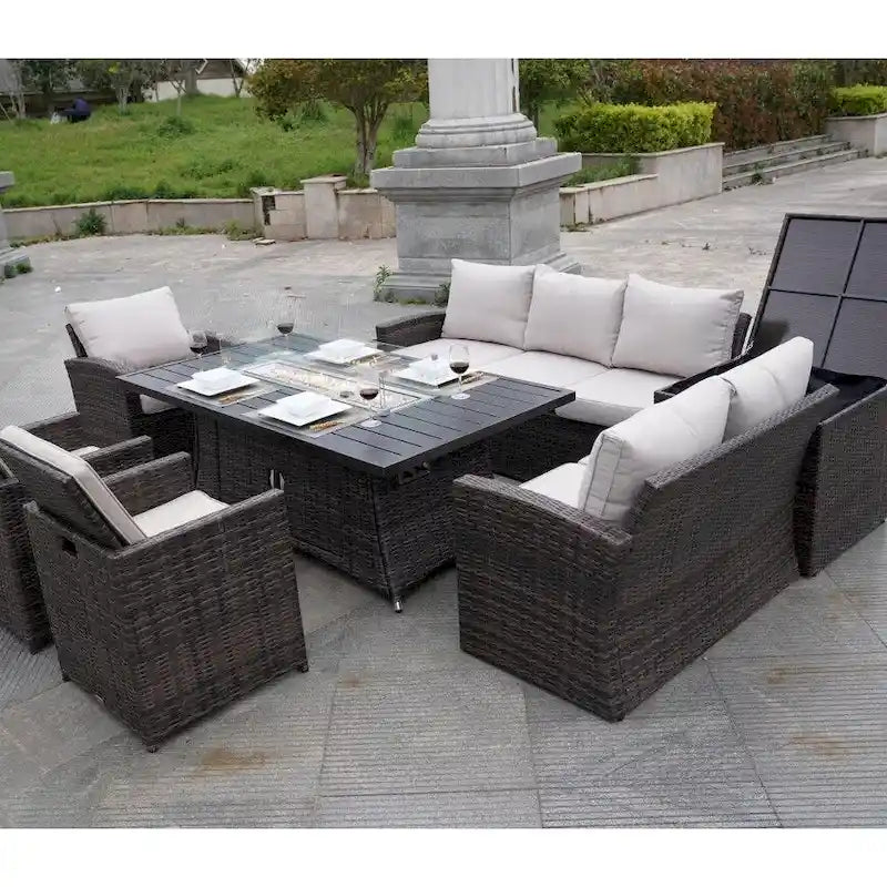 Ensemble de canapé en rotin pour terrasse avec table à manger et chaises en aluminium