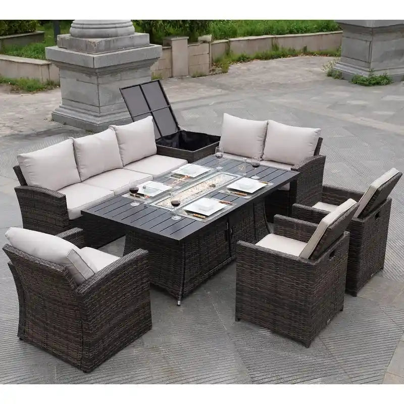 Ensemble de canapé en rotin pour terrasse avec table à manger et chaises en aluminium