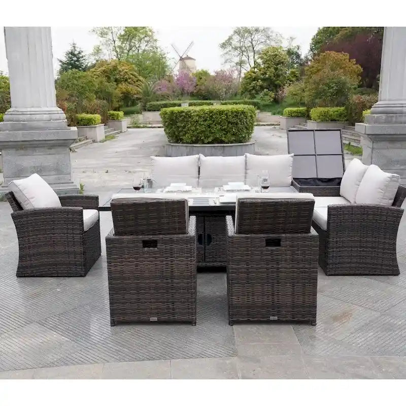 Ensemble de canapé en rotin pour terrasse avec table à manger et chaises en aluminium