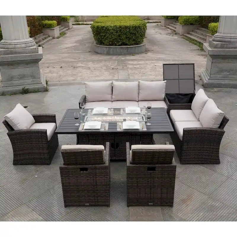 Ensemble de canapé en rotin pour terrasse avec table à manger et chaises en aluminium