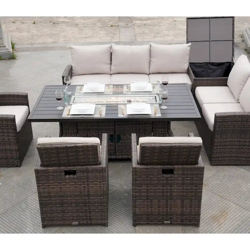 Ensemble de canapé en rotin pour terrasse avec table à manger et chaises en aluminium