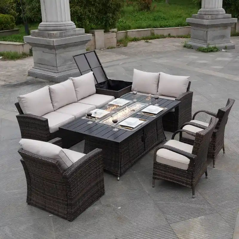 Ensemble de canapé en rotin pour terrasse avec table à manger et chaises en aluminium