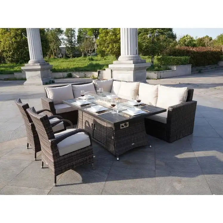 Ensemble de canapé en rotin pour terrasse avec table à manger et chaises en aluminium