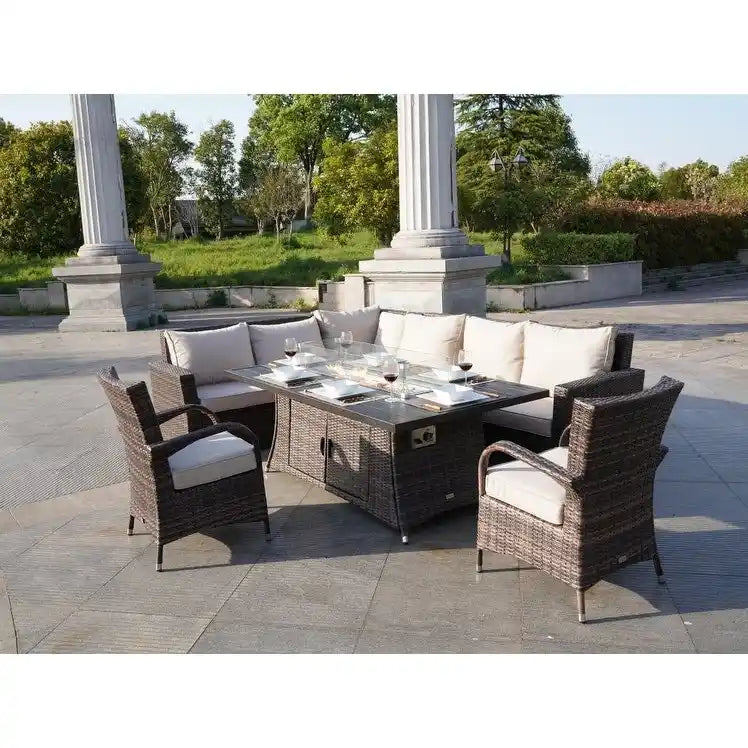Ensemble de canapé en rotin pour terrasse avec table à manger et chaises en aluminium
