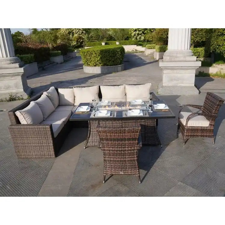 Ensemble de canapé en rotin pour terrasse avec table à manger et chaises en aluminium