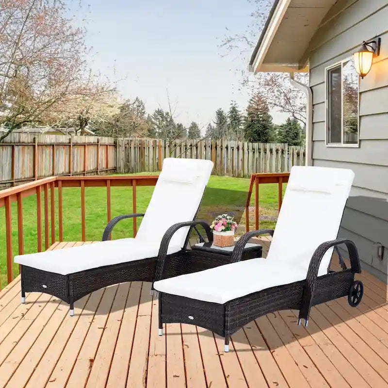 Outsunny 3-piece Wicker Adjustable Chaise Lounge Chair Set w/ Wheels - 78.75 L x 28.75 W x 40.5 H