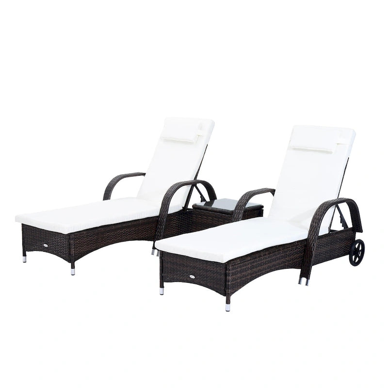Outsunny Ensemble de 3 Chaises Longues de Jardin Ajustables en Rotin avec Roues - 200 L x 73 l x 103 H cm