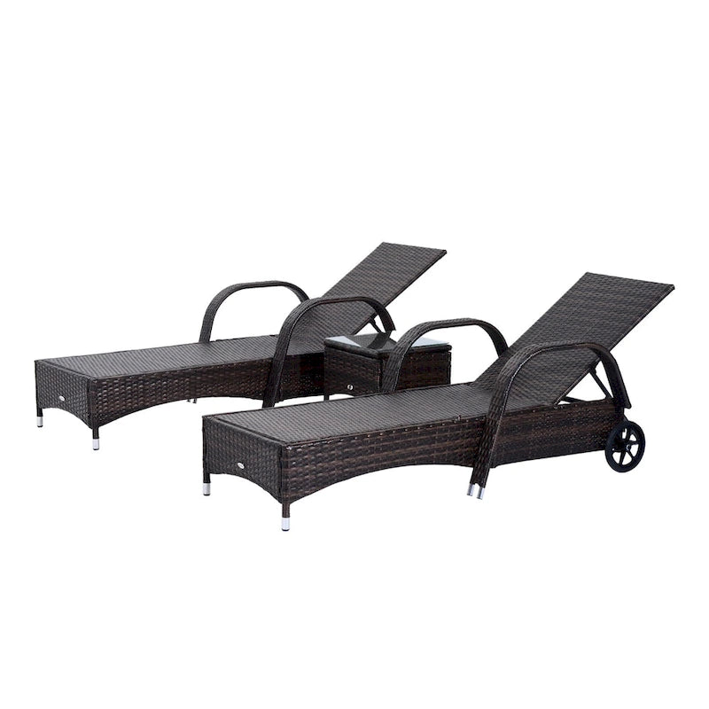 Outsunny Ensemble de 3 Chaises Longues de Jardin Ajustables en Rotin avec Roues - 200 L x 73 l x 103 H cm
