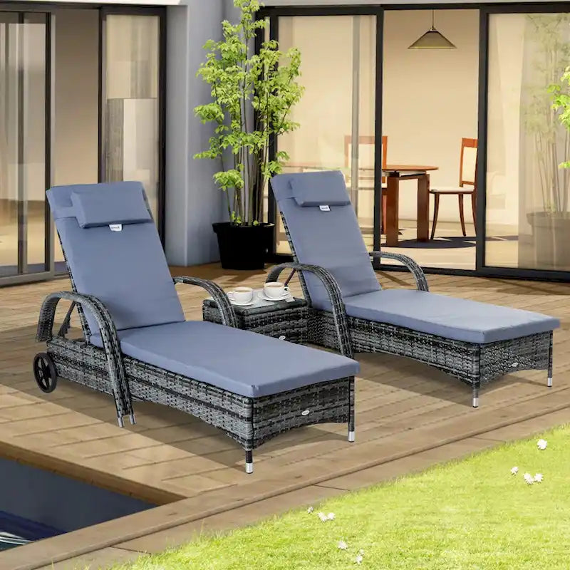 Outsunny Ensemble de 3 Chaises Longues de Jardin Ajustables en Rotin avec Roues - 200 L x 73 l x 103 H cm