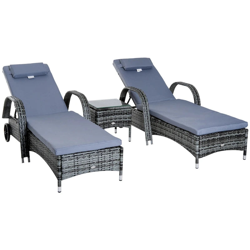 Outsunny Ensemble de 3 Chaises Longues de Jardin Ajustables en Rotin avec Roues - 200 L x 73 l x 103 H cm
