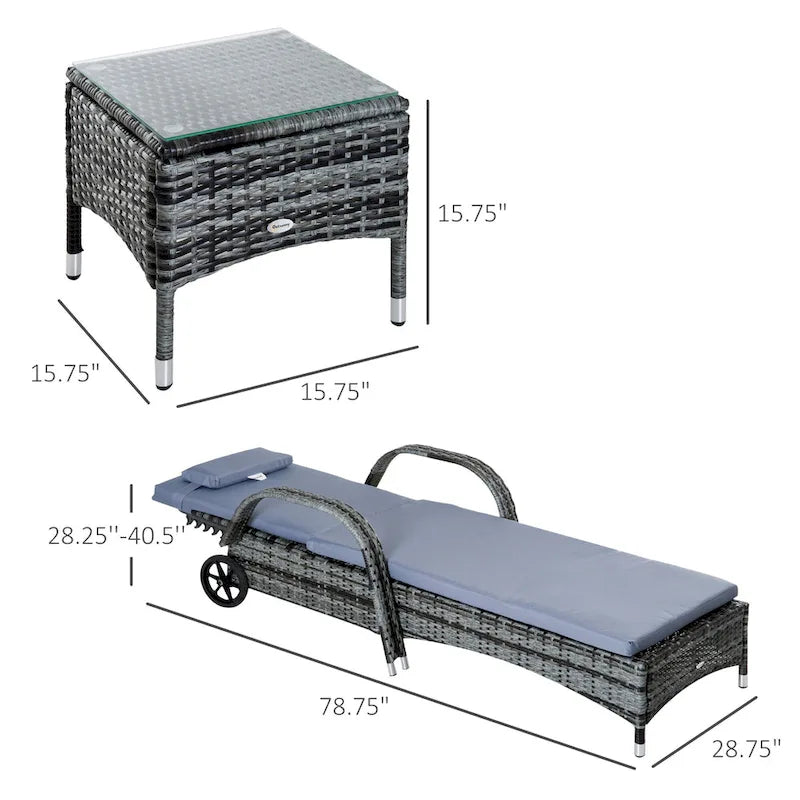 Outsunny Ensemble de 3 Chaises Longues de Jardin Ajustables en Rotin avec Roues - 200 L x 73 l x 103 H cm