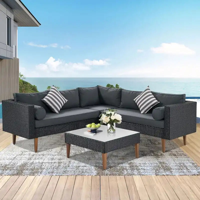4-pieces L-shape Wicker Sofa Set with Colorful Pillows