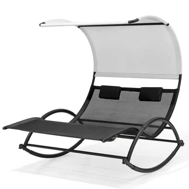 Lit de soleil double extérieur Chaise longue Lit à bascule avec pare-soleil et roues - 54,5 L x 67,3 P x 65,7 H