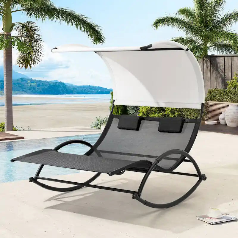 Outdoor Double Sun Bed Chaise Lounge Chair Rocking Bed with Sun Shade & Wheels - 54.5 W x 67.3 D x 65.7 H