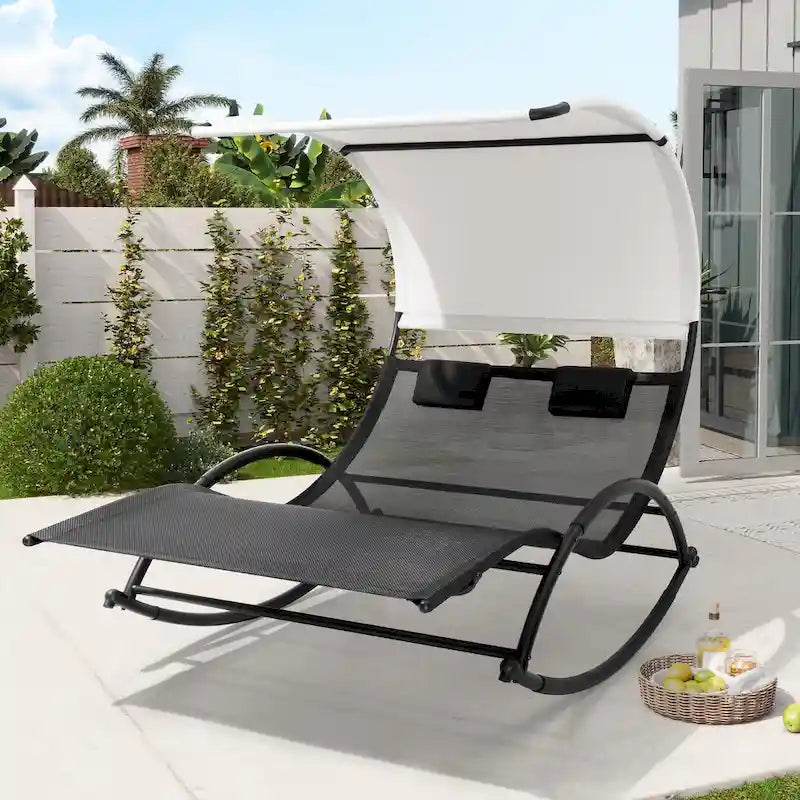 Lit de soleil double extérieur Chaise longue Lit à bascule avec pare-soleil et roues - 54,5 L x 67,3 P x 65,7 H