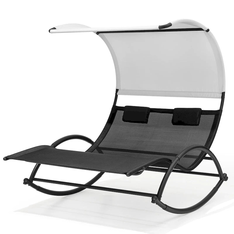 Lit de soleil double extérieur Chaise longue Lit à bascule avec pare-soleil et roues - 54,5 L x 67,3 P x 65,7 H
