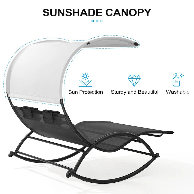 Lit de soleil double extérieur Chaise longue Lit à bascule avec pare-soleil et roues - 54,5 L x 67,3 P x 65,7 H