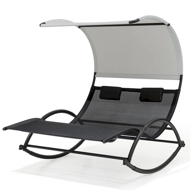 Lit de soleil double extérieur Chaise longue Lit à bascule avec pare-soleil et roues - 54,5 L x 67,3 P x 65,7 H