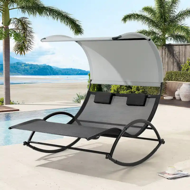 Lit de soleil double extérieur Chaise longue Lit à bascule avec pare-soleil et roues - 54,5 L x 67,3 P x 65,7 H