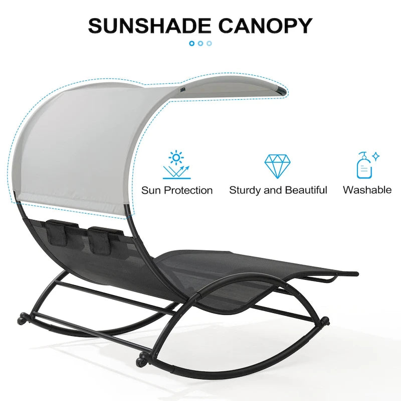 Lit de soleil double extérieur Chaise longue Lit à bascule avec pare-soleil et roues - 54,5 L x 67,3 P x 65,7 H