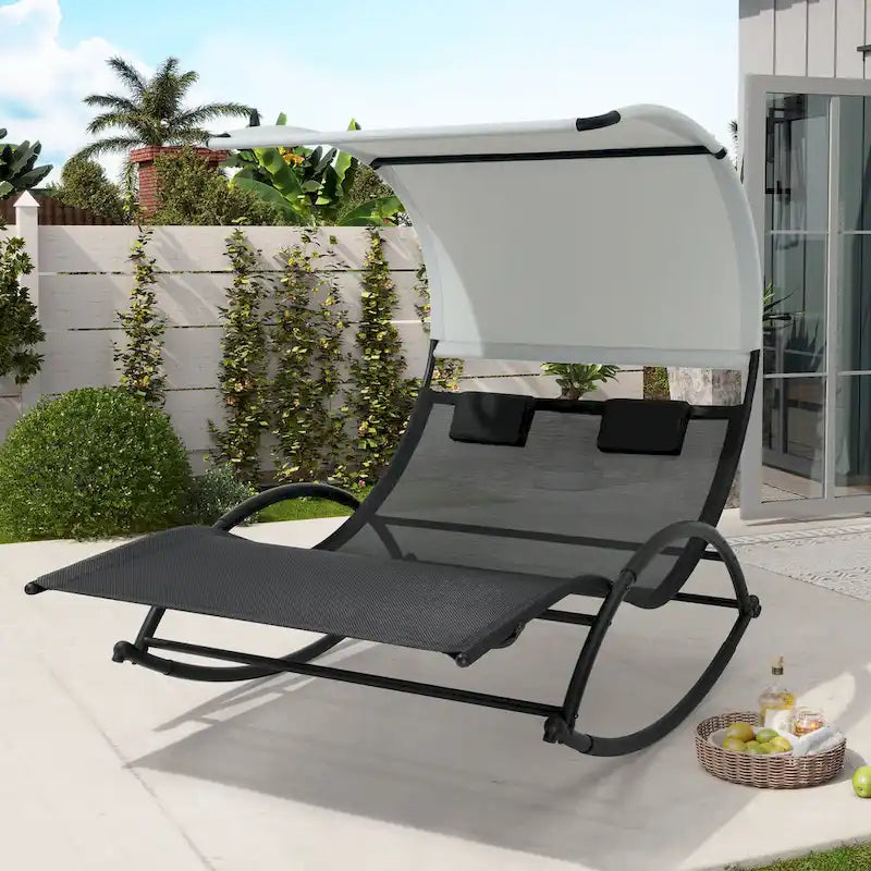 Lit de soleil double extérieur Chaise longue Lit à bascule avec pare-soleil et roues - 54,5 L x 67,3 P x 65,7 H