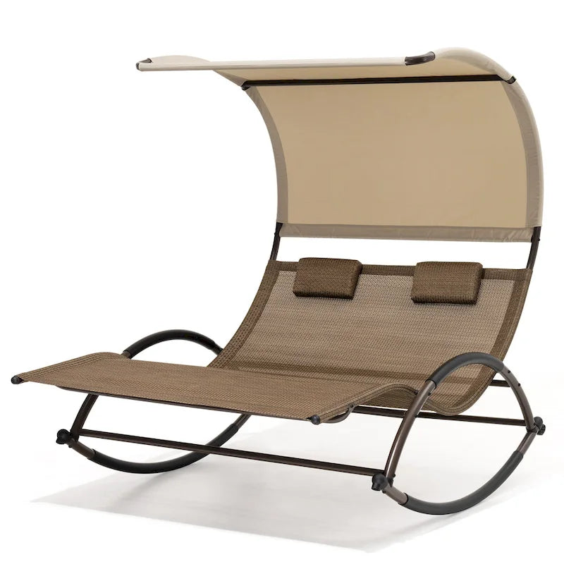 Lit de soleil double extérieur Chaise longue Lit à bascule avec pare-soleil et roues - 54,5 L x 67,3 P x 65,7 H