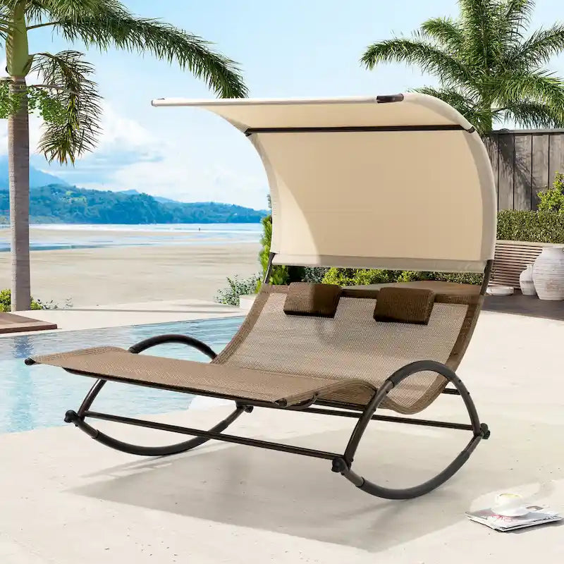 Lit de soleil double extérieur Chaise longue Lit à bascule avec pare-soleil et roues - 54,5 L x 67,3 P x 65,7 H