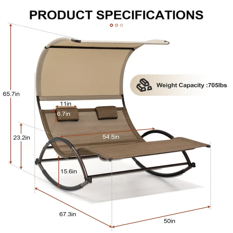 Lit de soleil double extérieur Chaise longue Lit à bascule avec pare-soleil et roues - 54,5 L x 67,3 P x 65,7 H