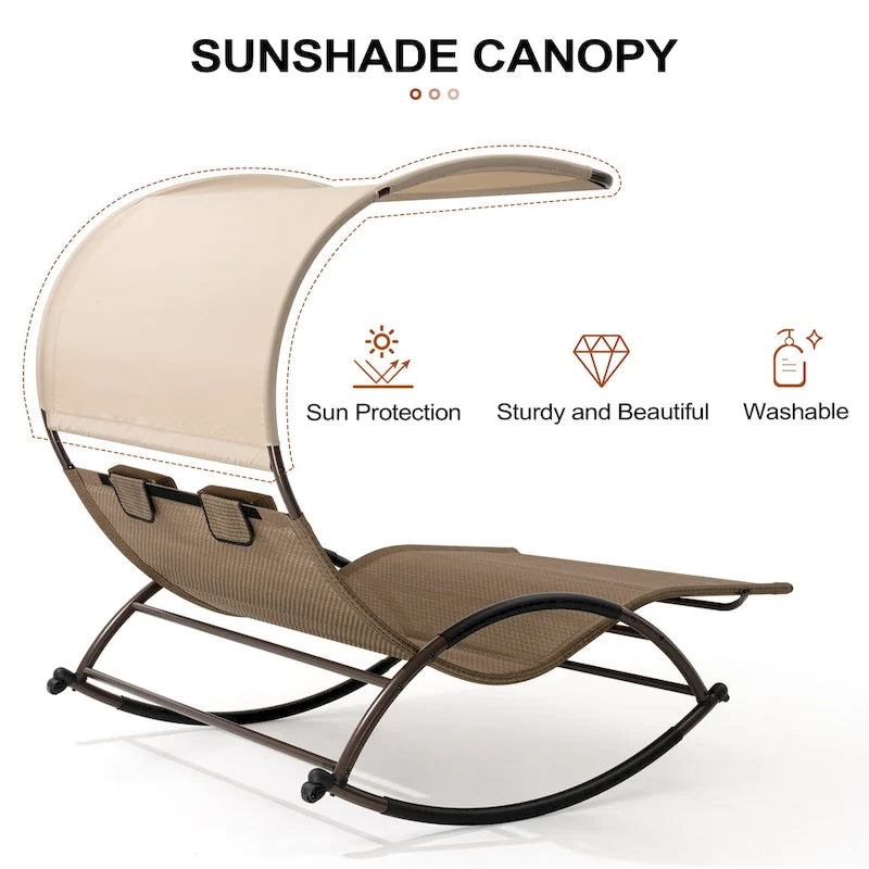 Lit de soleil double extérieur Chaise longue Lit à bascule avec pare-soleil et roues - 54,5 L x 67,3 P x 65,7 H