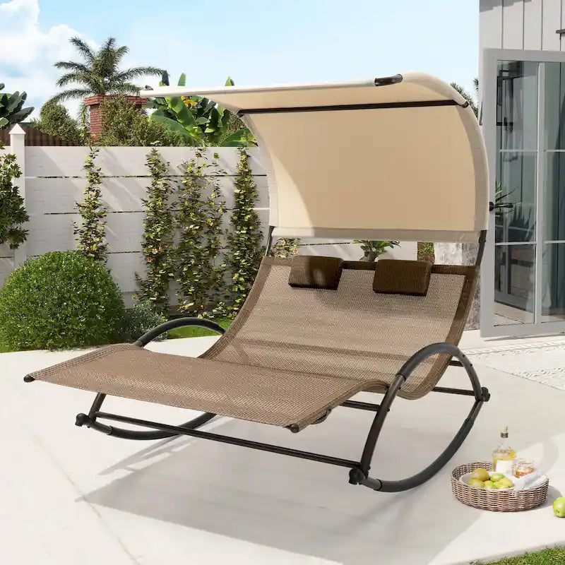 Lit de soleil double extérieur Chaise longue Lit à bascule avec pare-soleil et roues - 54,5 L x 67,3 P x 65,7 H