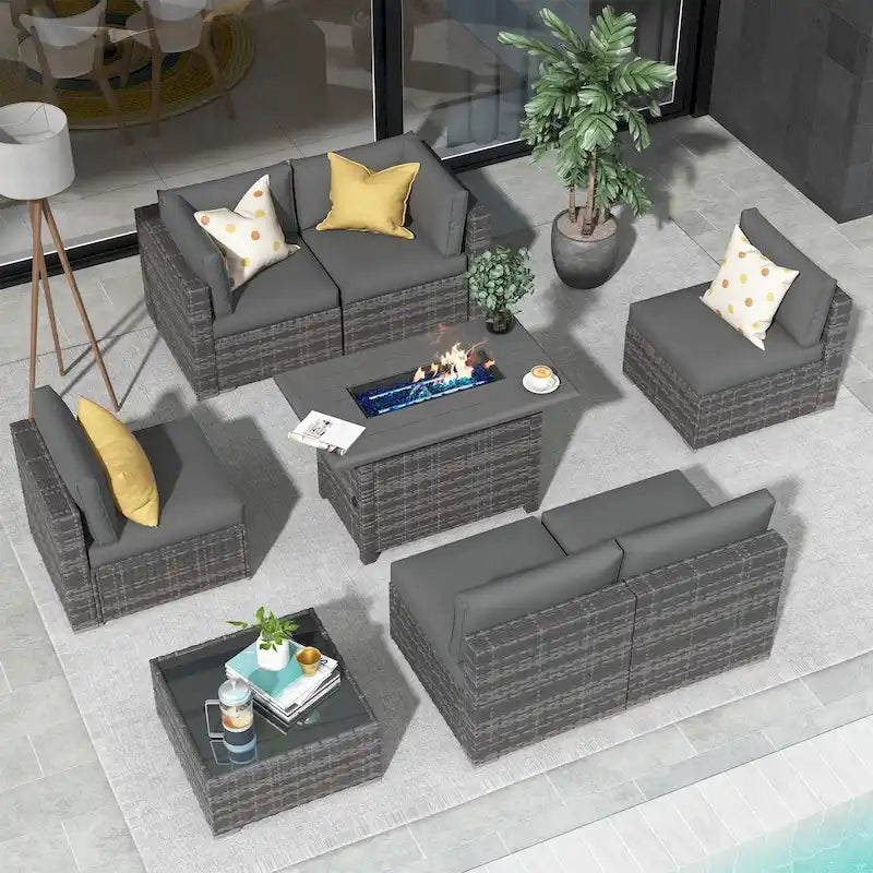 Ensemble de canapés modulaires en osier 8 pièces d'extérieur avec foyer