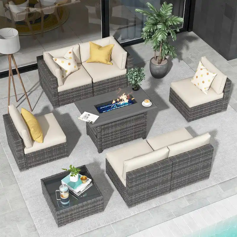 Ensemble de canapés modulaires en osier 8 pièces d'extérieur avec foyer
