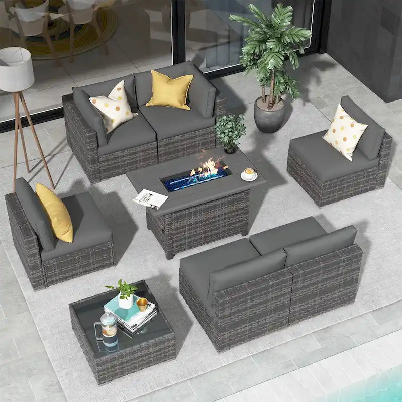 Ensemble de canapés modulaires en osier 8 pièces d'extérieur avec foyer