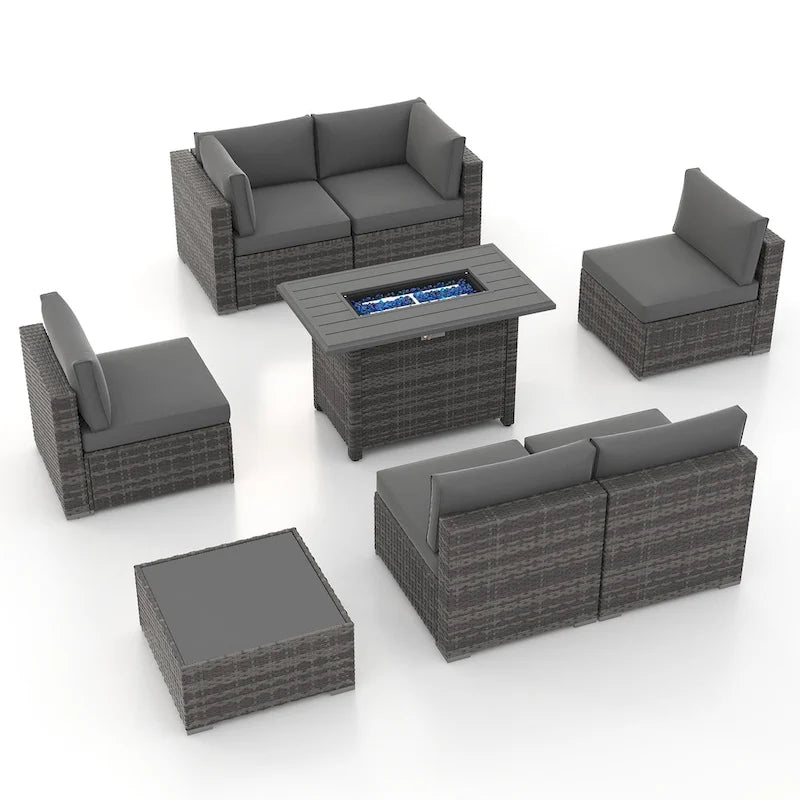 Ensemble de canapés modulaires en osier 8 pièces d'extérieur avec foyer