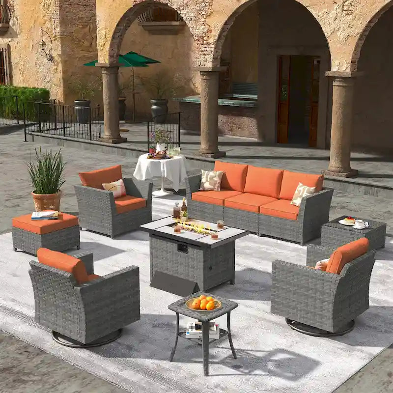 XIZZI Ensemble de meubles de jardin 10 pièces Fauteuil pivotant et basculant avec foyer