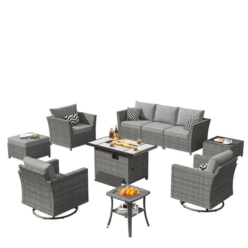 XIZZI Ensemble de meubles de jardin 10 pièces Fauteuil pivotant et basculant avec foyer