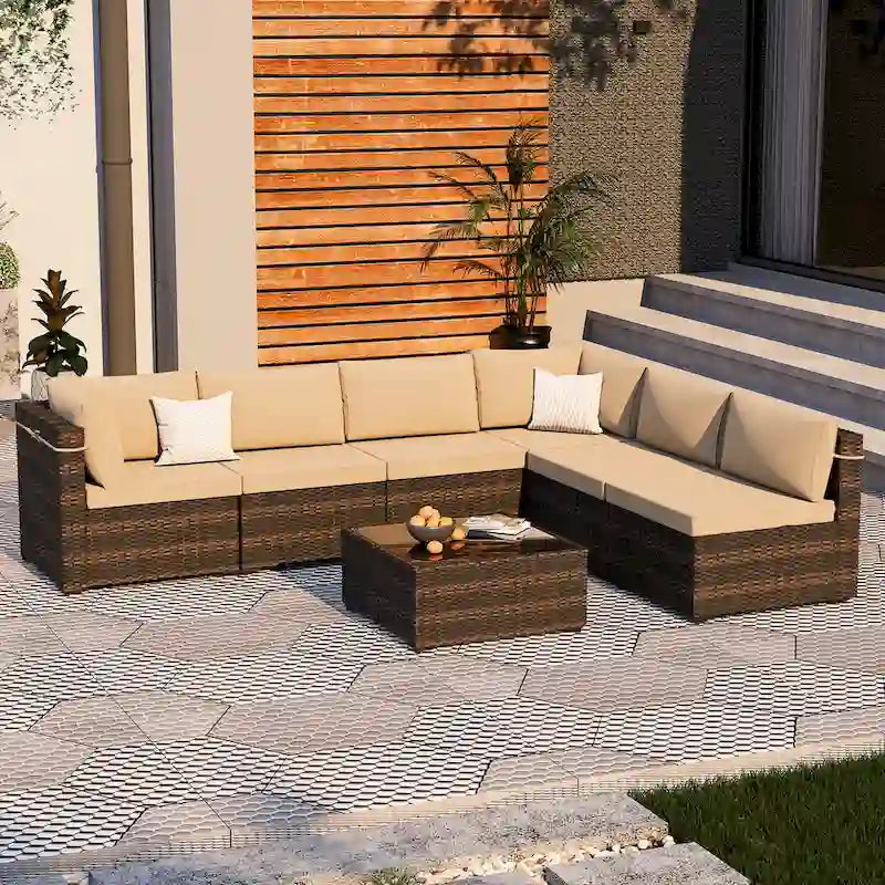 UPHA Groupe de conversation sectionnel de 7 pièces capitonné pour patio