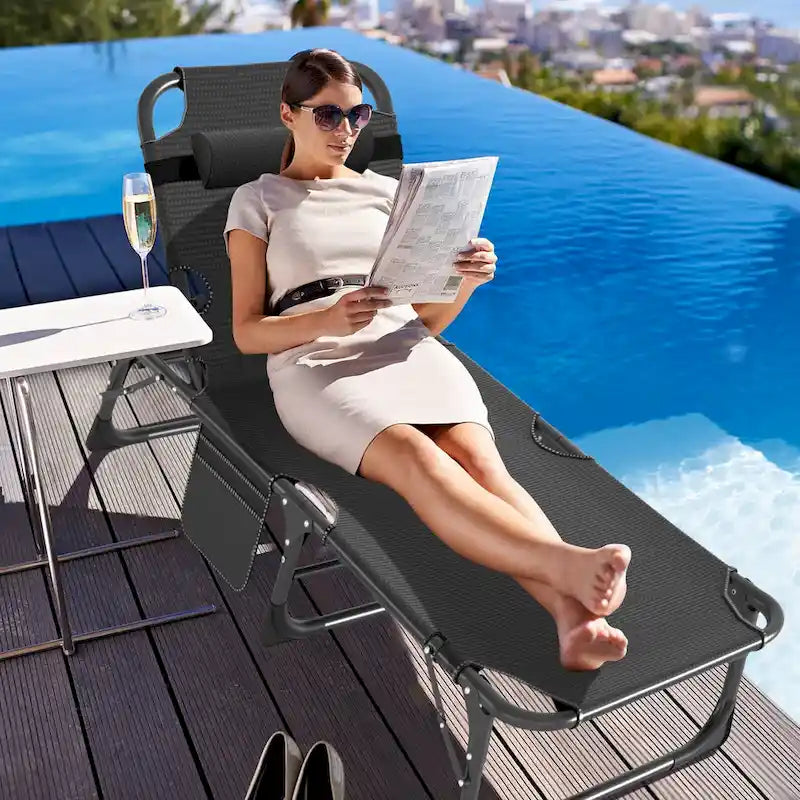 Lit de camp pliant portable avec matelas et oreiller, chaise longue de patio