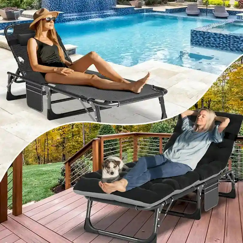 Lit de camp pliant portable avec matelas et oreiller, chaise longue de patio