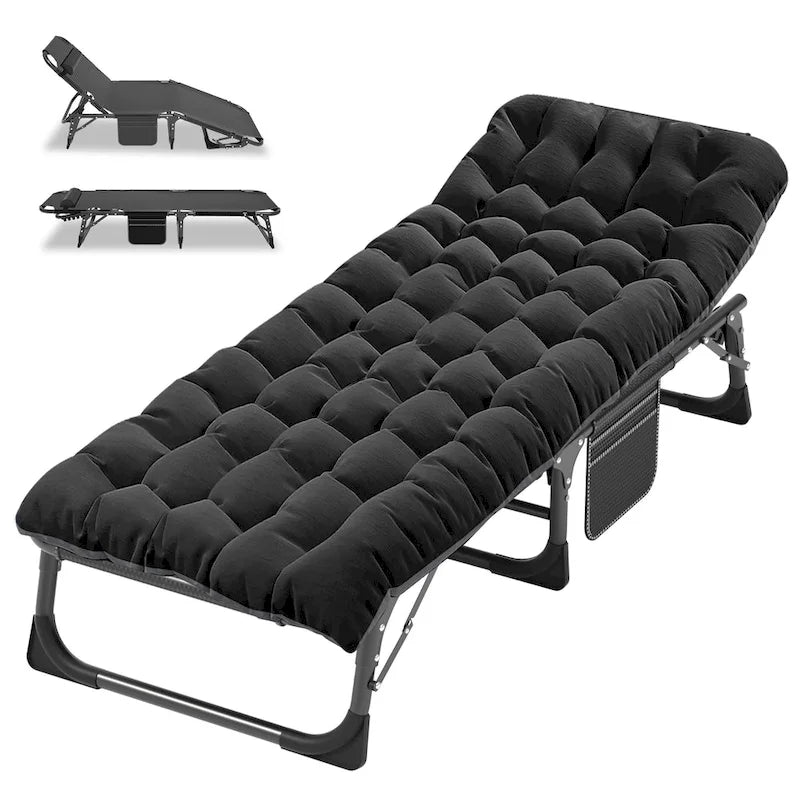 Lit de camp pliant portable avec matelas et oreiller, chaise longue de patio