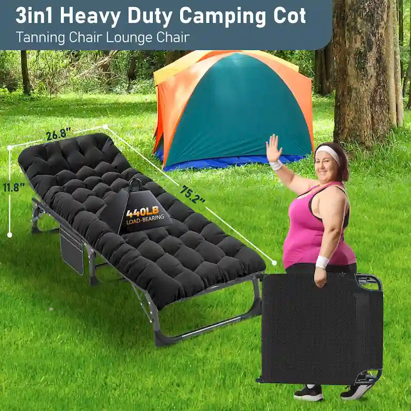 Lit de camp pliant portable avec matelas et oreiller, chaise longue de patio