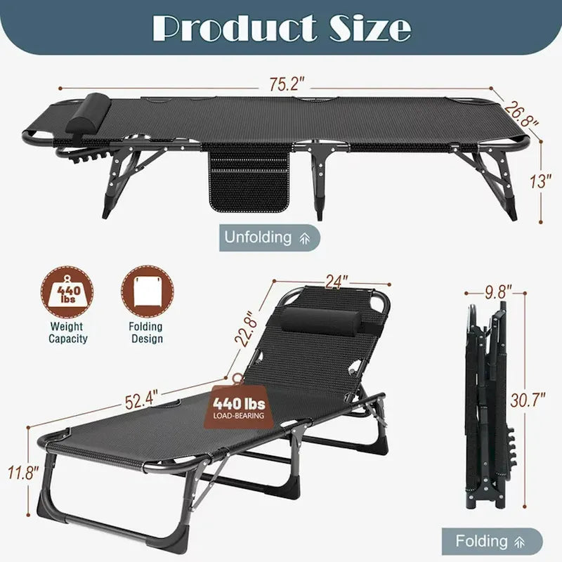 Lit de camp pliant portable avec matelas et oreiller, chaise longue de patio
