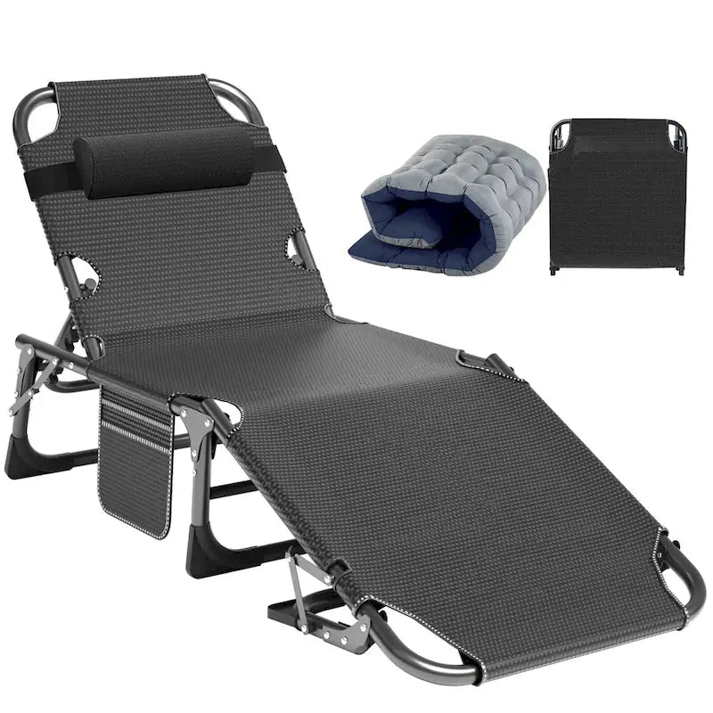 Lit de camp pliant portable avec matelas et oreiller, chaise longue de patio
