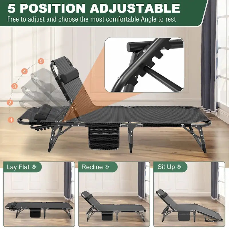 Lit de camp pliant portable avec matelas et oreiller, chaise longue de patio