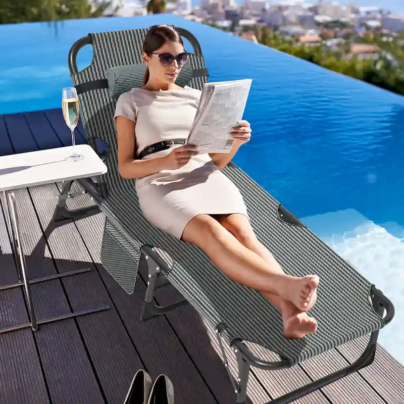 Lit de camp pliant portable avec matelas et oreiller, chaise longue de patio