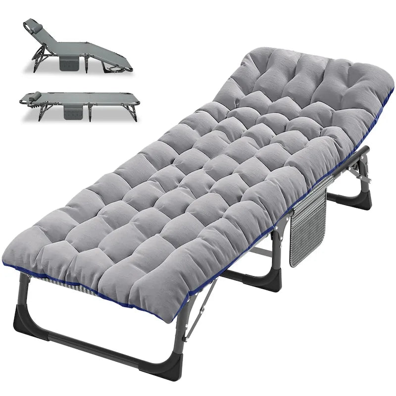 Lit de camp pliant portable avec matelas et oreiller, chaise longue de patio
