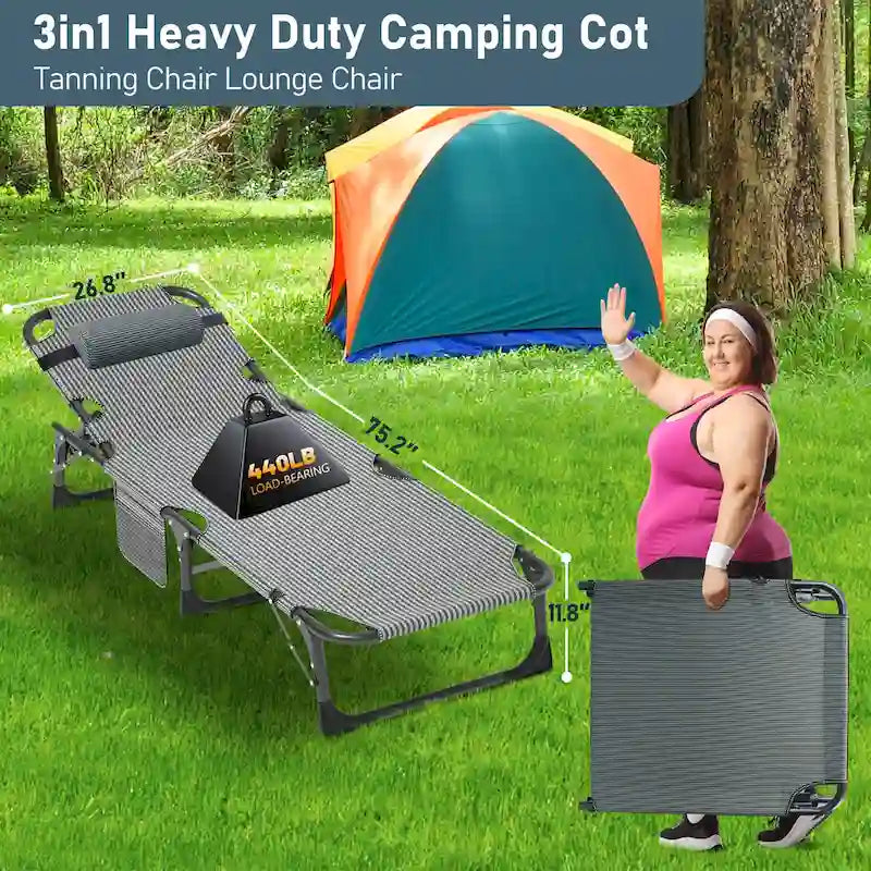 Lit de camp pliant portable avec matelas et oreiller, chaise longue de patio