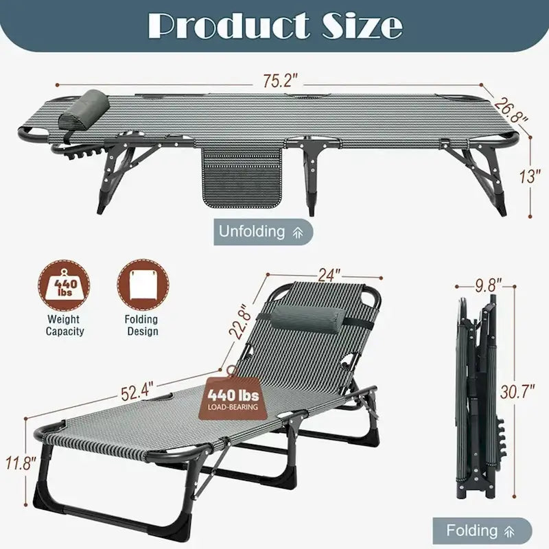Lit de camp pliant portable avec matelas et oreiller, chaise longue de patio